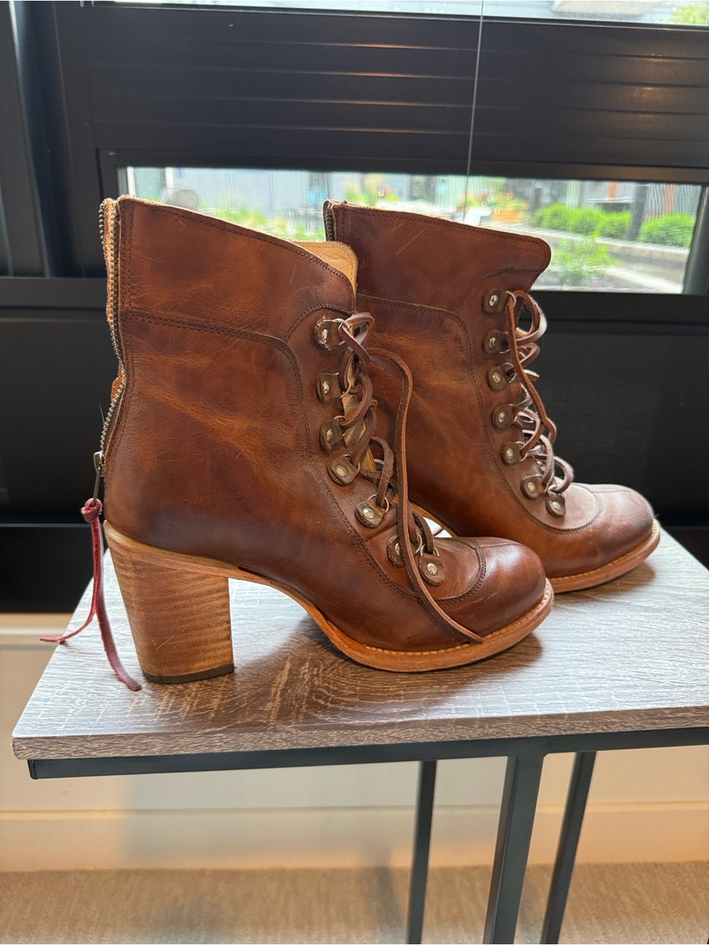 Freebird by Steven Cognac Brown Lace-Up Leather Heeled Boots